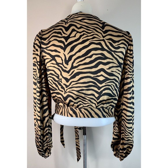Bardot Tiger Print Long Sleeve Wrap Side Tie Crop Top Copper Size XS - Picture 2 of 5